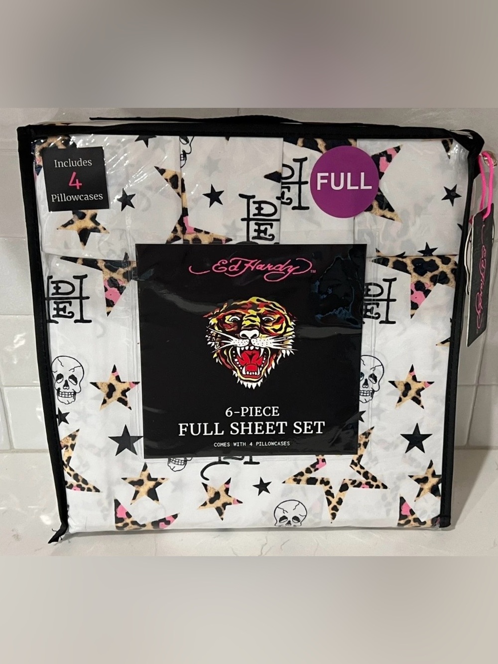 ED HARDY FULL Sheet Set 6pc New Skull Star Leopard Cheetah Tattoo Y2K White